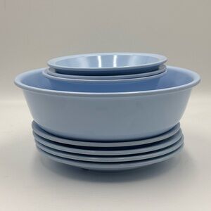 Eight Pices of Powder Blue Malemime Picnic Dishes. Made by Mistral, Canada.